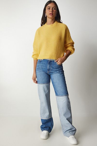 Happiness İstanbul Damska bluza z dzianiny basic w kolorze żółtym z rękawami balonowymi BV00098