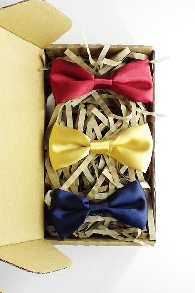 GallanD Navy Blue Burgundy Yellow Shiny Satin Solid Color Special Birthday Wedding Elastic Children's Bow Tie 3-Piece