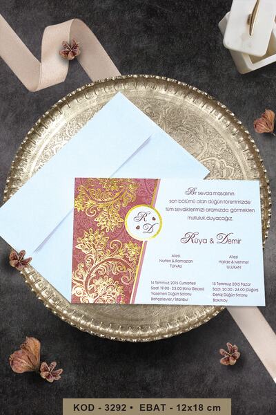 Cem Davetiye Düğün Nişan Nikah Kına Davetiyesi 3292 (100 Adet) Baskı Dahil