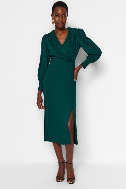 Trendyol Collection Smaragdzöld Midi, kétsoros nyakú, részletes, szövött, szövött ruha TWOAW21EL0230