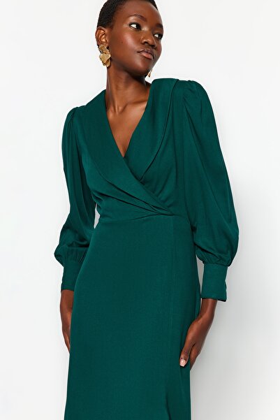 Trendyol Collection Smaragdzöld Midi, kétsoros nyakú, részletes, szövött, szövött ruha TWOAW21EL0230
