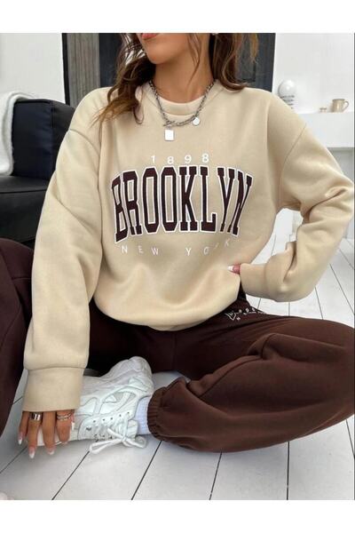 AFROGİYİM Kadın Brooklyn New York Baskılı Oversize Bisiklet Yaka Eşofman Takımı
