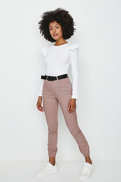 Select Moda Women's Pink Belted Cargo Pocket Elastic Leg Trousers