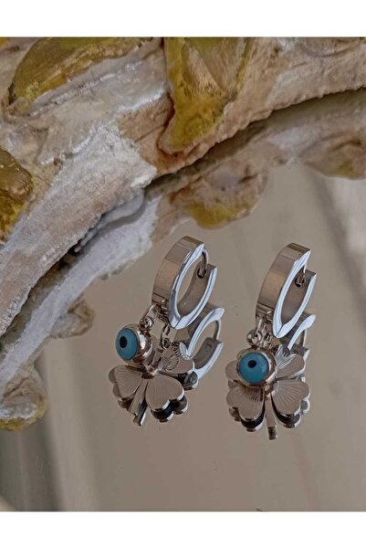 GÜNEŞTRADE NAZAR BONCUKLU GÜMÜŞ RENK YONCA ÇELİK KÜPE