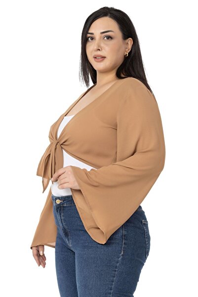 DISENTIS MODEST Plus Size Spanish Sleeve Front Tie Camel Bolero