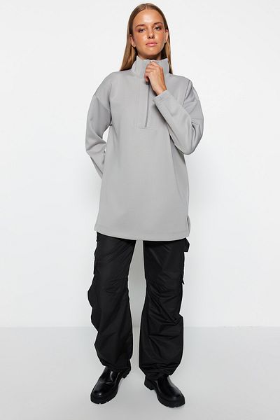 Trendyol Modest Oversize Gray Scuba Sweatshirt - Zipper Detailed, Diver Collar TCTAW23TW00198