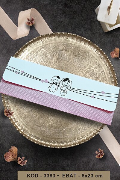 Cem Davetiye Gelin ve Damat Çizimli Pembe Düğün Davetiyesi 3383 (100 Adet) Baskı Dahil