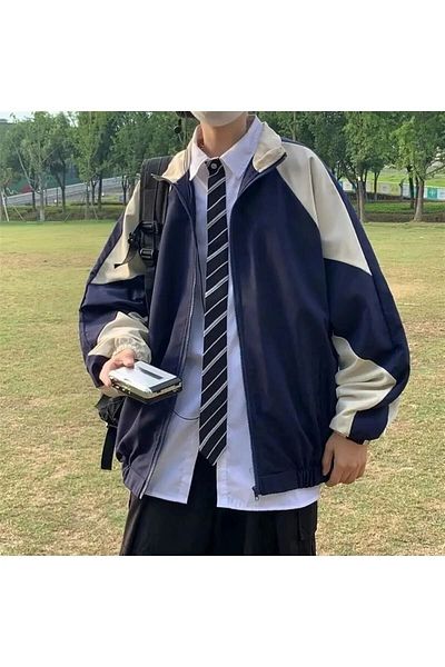 Gofeel Unisex Oversize Navy Blue Parachute Loose Fit Raincoat College Jacket