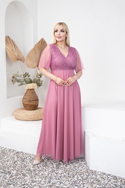 FİDAN TEKSTİL فستان سهرة نسائي مقاس كبير بياقة طويلة