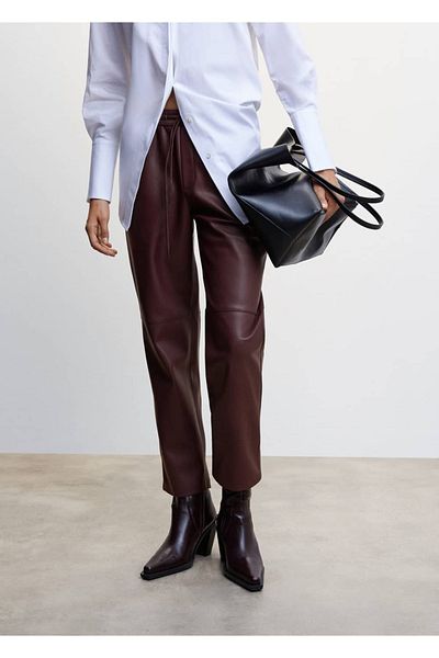 MANGO Woman Pantaloni cu talie elastică cu aspect de piele