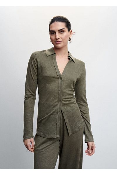 MANGO Woman Lniana koszula z dekoltem w kształcie litery V