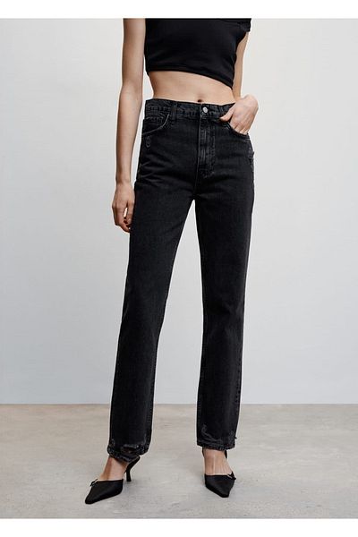 MANGO Woman High Waisted Straight Cut Jeans with Ripped Detail