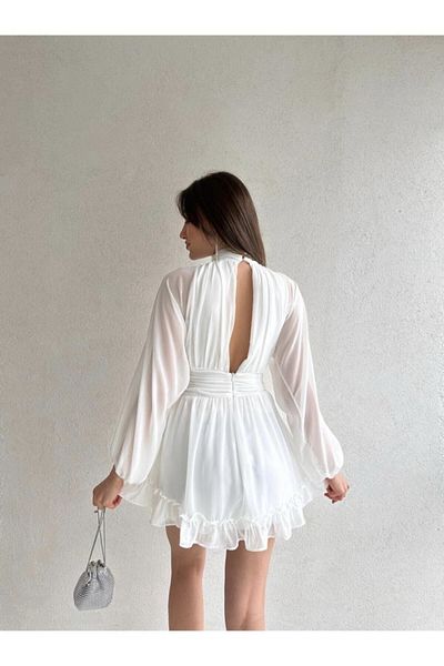 Afiş Butik Λευκό φόρεμα σιφόν με όρθιο γιακά