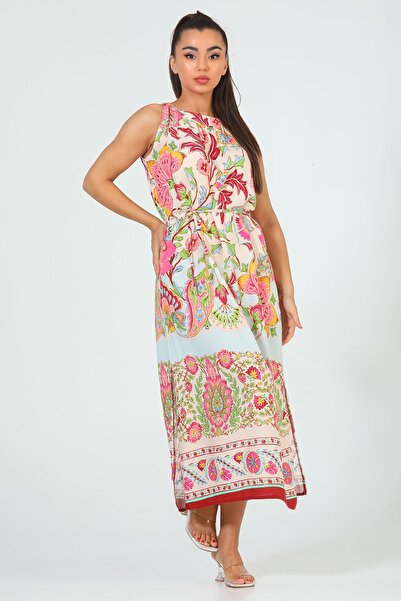 GÜLSELİ Pink Women's Crew Neck Slit Patterned Loose Dress