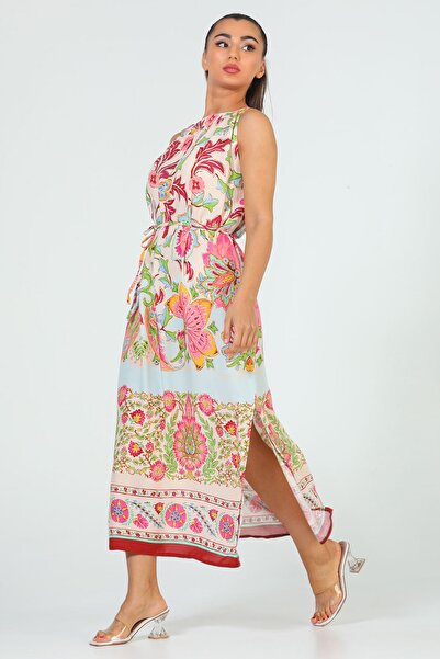 GÜLSELİ Pink Women's Crew Neck Slit Patterned Loose Dress