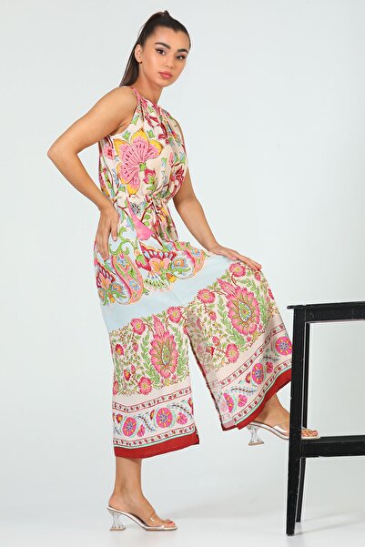 GÜLSELİ Pink Women's Crew Neck Slit Patterned Loose Dress