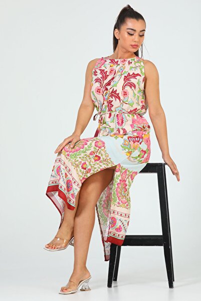 GÜLSELİ Pink Women's Crew Neck Slit Patterned Loose Dress