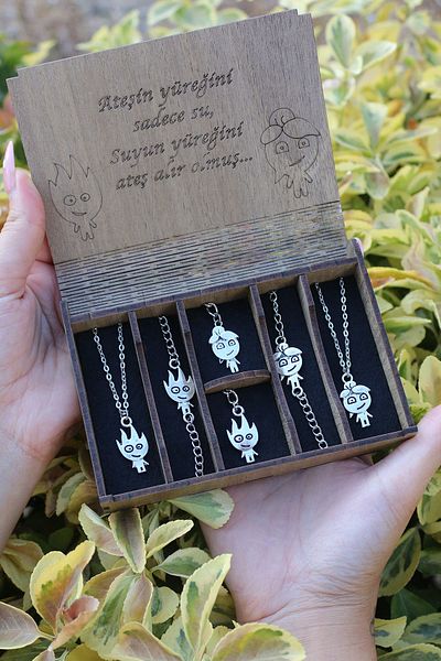 Dukkanka 6 Pieces Special Gift Boxed Fire And Water Silver Color Couple Lover Best Metal Necklace, Bracelet, Keychain