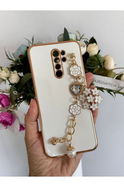 Aksesuarda Moda Redmi 9 Uyumlu Çiçekli Taşlı İncili El Geçmeli Lazer Kesim Kılıf