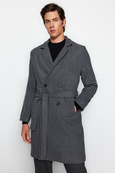 Trendyol Collection Długi płaszcz zimowy w stylu Stamp - antracytowy, regularny krój, dwurzędowe zapięcie i pasek z wiązaniem Tmnaw21Kb0101