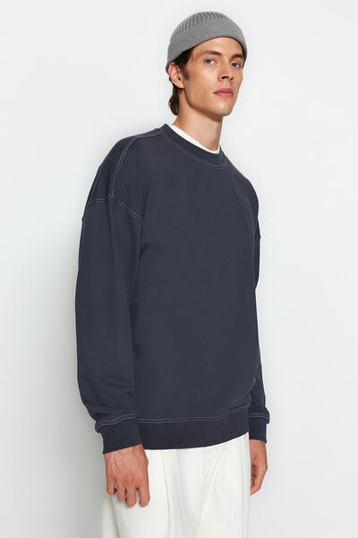 Trendyol Collection Anthracite Crew Neck Oversize Sweatshirt - Contrast Stitching Detail Tmnaw24Sw00011