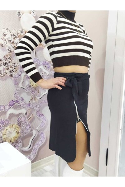 Azra Moda Style Γυναικείο πουλόβερ με ρίγες με ζιβάγκο σε σκούρο καφέ