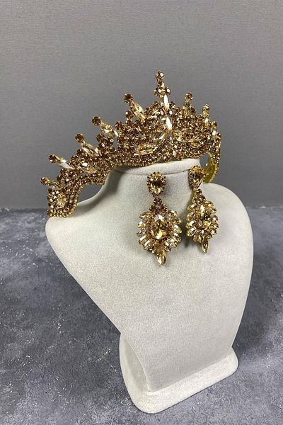 Hayalperest boncuk Tokyo Model Bridal Henna Crown and Drop Stone Detailed Shuttle Stone Earring Set Honey Color