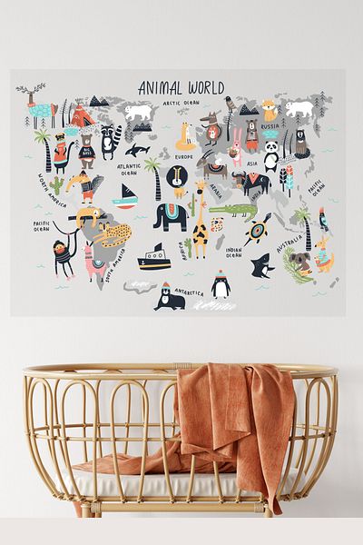 Sim Tasarım Nordic Animals World Map School Nursery Kids Room Wall Sticker
