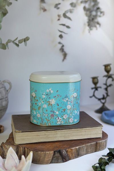 EVLE Er004-9f Botanica Blue Patterned Oval Metal Storage Container 11x15 Cm