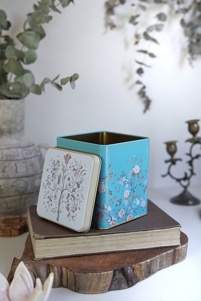 EVLE Er024-9f Botanica Blue Patterned Square Metal Storage Container 12x12 Cm