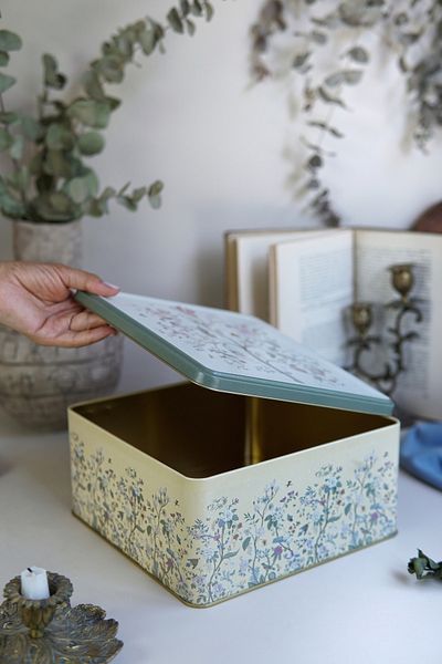 EVLE Er029-2e Botanica Yellow Patterned Square Metal Storage Container 24x24 Cm