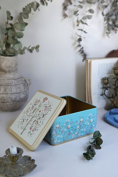 EVLE Er028-9f Botanica Blue Patterned Square Metal Storage Container 20x20 Cm
