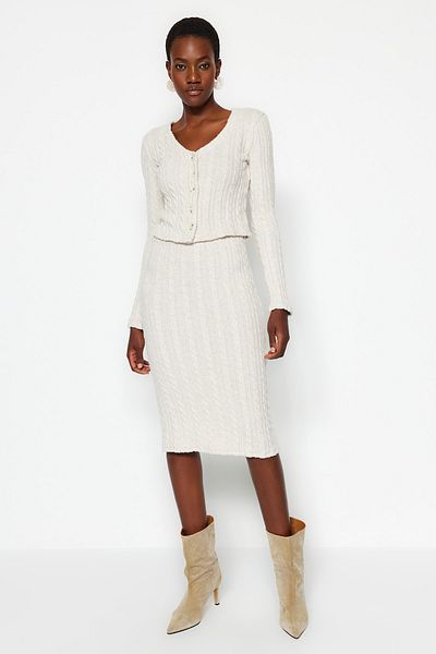 Trendyol Collection Stone Button Detailed V-neck Crop and Midi 2-Piece Cardigan Skirt Knitted Set TWOAW24AU00108