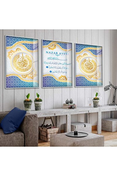 Zevahir Mobilya Dekorasyon Silver Metal Framed Evil Eye Verse Triple Unbreaka...