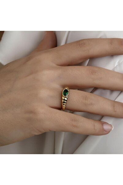 HEMS JEWELLERY 14 Ayar Altın Taşlı Burgulu Kubbe Yüzük Yeşil