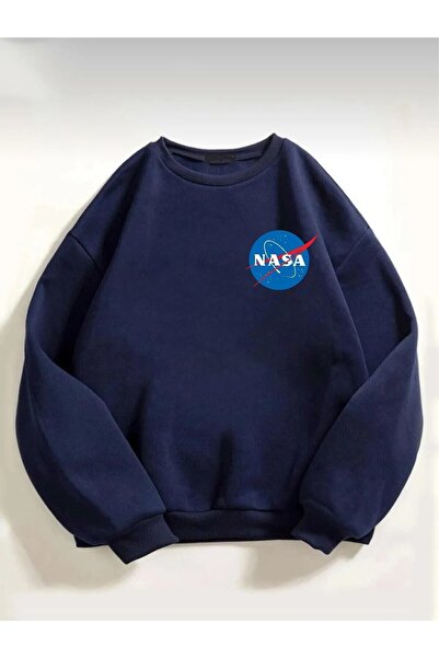 Rokeby سويت شيرت قطني كبير الحجم للجنسين مطبوع عليه شعار ناسا باللون الأزرق ا...