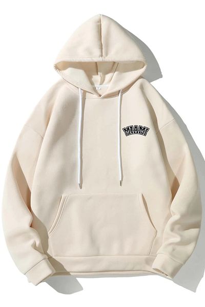 MODAGEN Unisex Κρεμ, βαμβακερό φούτερ MIAMI εμπριμέ με κουκούλα MIAMI2024