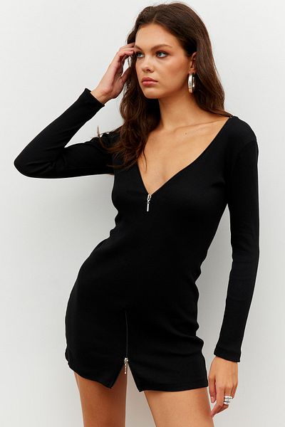 Cool & Sexy Γυναικείο Μίνι Φόρεμα Καμισόλ μαύρο με φερμουάρ EY2530