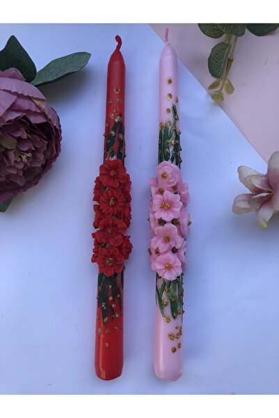 Elif Design 2’li El Boyaması Gold Detaylı Papatya Ve Çiçek Kabartmalı Şamdan ...