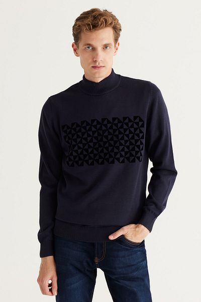 ALTINYILDIZ CLASSICS Ανδρικό πλεκτό πουλόβερ Navy Blue Standard Fit με μισό ζιβάγκο 100% βαμβακερό