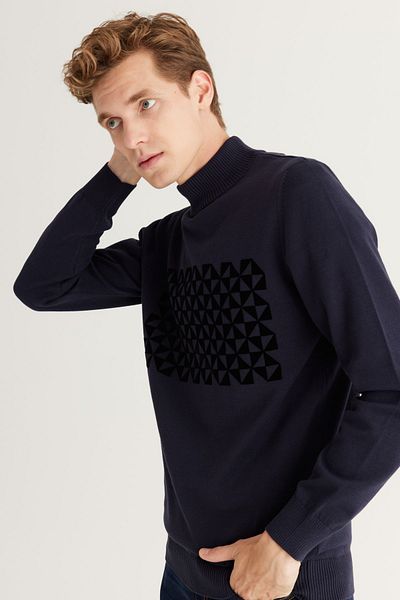 ALTINYILDIZ CLASSICS Ανδρικό πλεκτό πουλόβερ Navy Blue Standard Fit με μισό ζιβάγκο 100% βαμβακερό