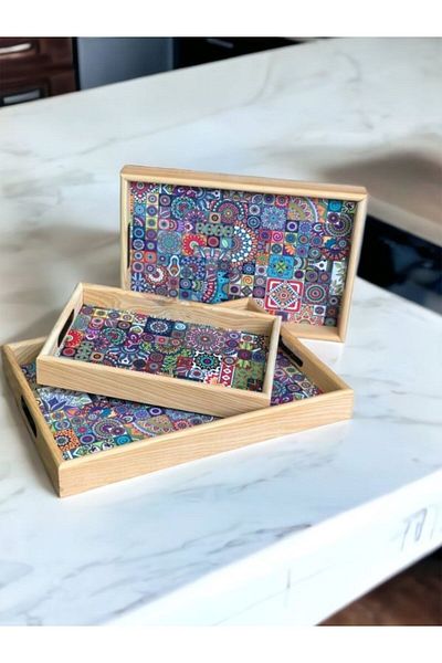 Akkoyunlu home Wooden Tile Patterned 3-Piece Serving Tray