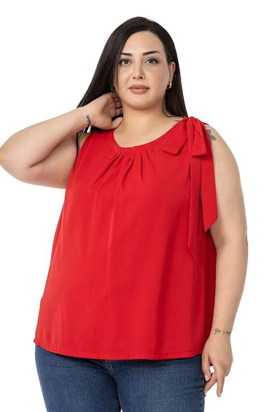 DISENTIS MODEST Plus Size Collar Pleated Lined Sleeveless Red Blouse with Ribbon Detail on the Shoulder