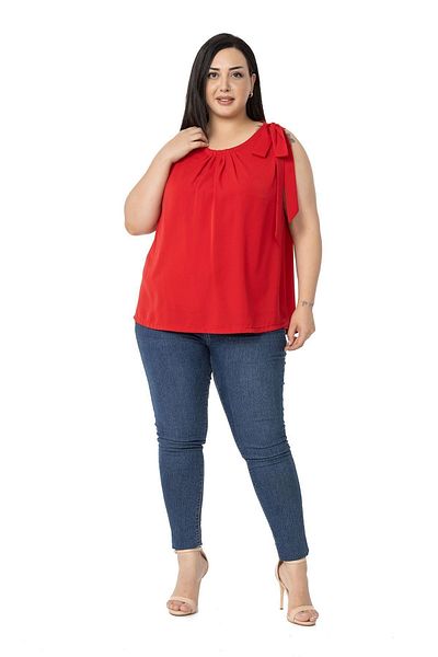 DISENTIS MODEST Plus Size Collar Pleated Lined Sleeveless Red Blouse with Ribbon Detail on the Shoulder