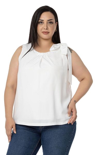 DISENTIS MODEST Plus Size Sleeveless White Blouse with Pleated Collar and Ribbon Detail on the Shoulder