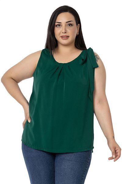 DISENTIS MODEST Plus Size Collar Pleated Lined Sleeveless Emerald Blouse with Ribbon Detail on the Shoulder