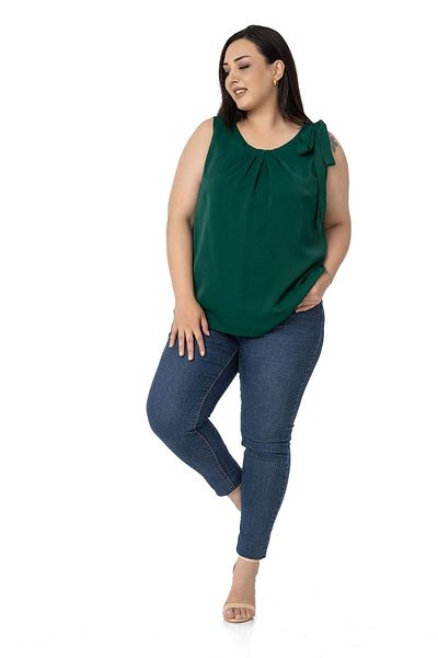 DISENTIS MODEST Plus Size Collar Pleated Lined Sleeveless Emerald Blouse with Ribbon Detail on the Shoulder