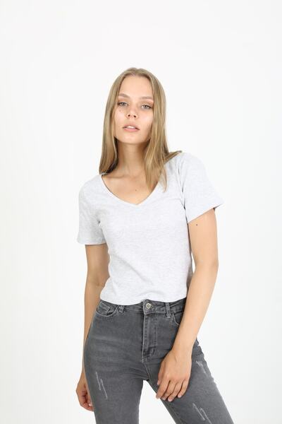 EDSA Gri V Yaka Kısa Kollu Kaşkorse Basic Kadın T-shirt