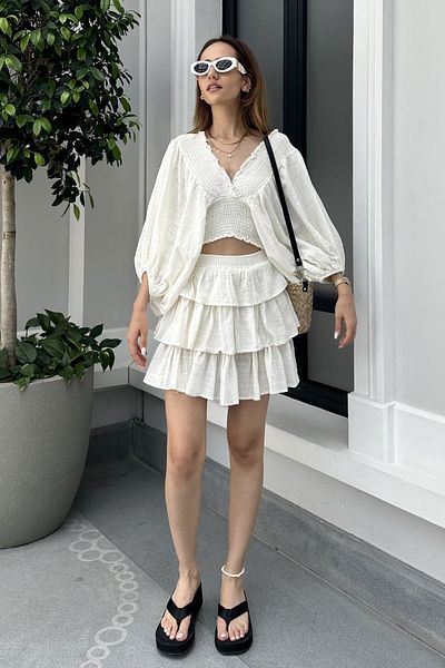 Nazliye Ecru Mini Skirt Blouse Linen Set