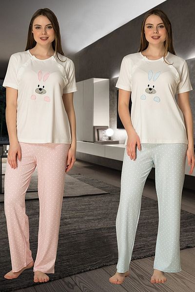 BLACKMORE Set de pijamale de maternitate cu mâneci scurte cu model iepure albastru pentru femei
